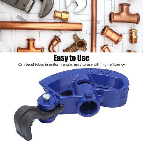 Holigie Hand Conduit Bender 3/4-Inch C45 Steel Pipe Bending Tool on a workbench with copper fittings and tools.