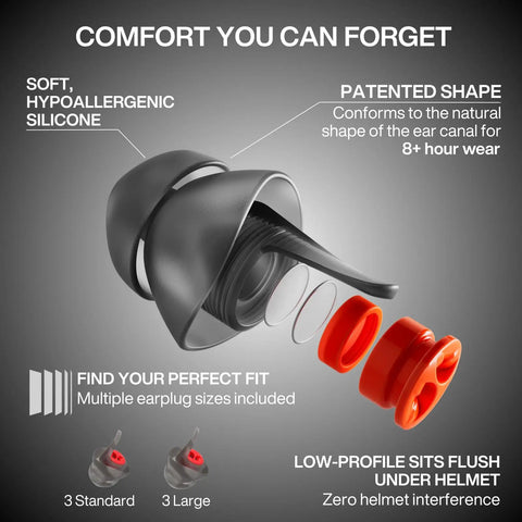 Moto Pro Motorcycle Ear Plugs For Wind Noise Reduction With High Fidelity Filter, showing silicone material and fit options