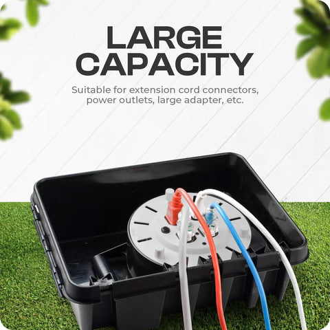 Weatherproof Outdoor Electrical Box Protects Power Strips Timers Extension Cords Reels Transformers Lights And Tools Indoor Safe Dry IP55 Rated Enclosure For Cables And Electrical Gear Heavy Duty Large Black showing large capacity for cords and connectors