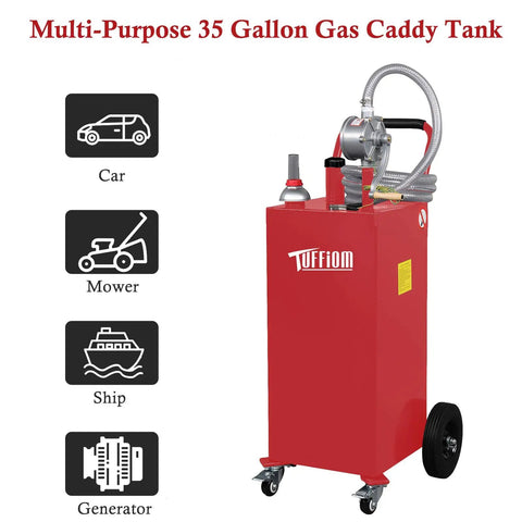 Bad Boy 35 Gallon Portable Gas Caddy With Rugged Wheels And Slick Manual Siphon Pump Plus Long Hose For Fast Diesel Or Gasoline Transfers