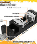 Dual Jaw Mini Vise Clamp with Fractal Jaw and removable tommy bar showing product dimensions.
