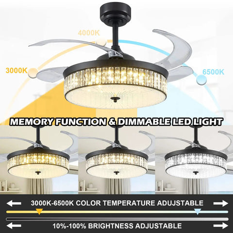 42 Inch Retractable Ceiling Fan Chandelier With Lights And Remote Crystal Fandelier With Retractable Blades Memory Dimmable LED