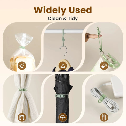 Silicone Cable Ties 10 Pack Reusable Wire Wraps For Office And Home Use shown in multiple applications including bags, umbrellas, and cables.