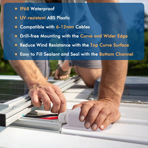 Installing 2 Pack IP68 Waterproof Solar Cable Entry Glands on RV roof, showing hands fixing dual cable housing.