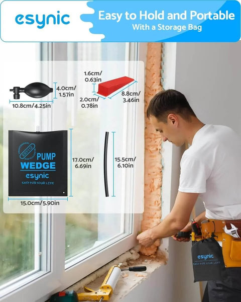 Person installing window using 2 Pack Air Wedge Bags With 300 Pound Lift Capacity And 136 Kilogram Lift Capacity Anti Slip Inflatable Air Shim Set.