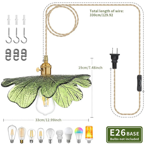 Eemmwet Green Plug in Pendant Light Handmade Glass Hanging Light for Kitchen Island Bedroom Dining Room with adjustable cord.