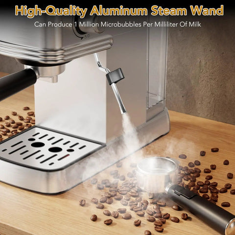 No Fuss Barista Style Shots At Home With This Compact Stainless Steel Espresso Maker Featuring 20 Bar Pressure Integrated Steam Frother And Roomy 45 Oz Water Tank For Silky Lattes steam wand close-up producing froth over coffee beans.