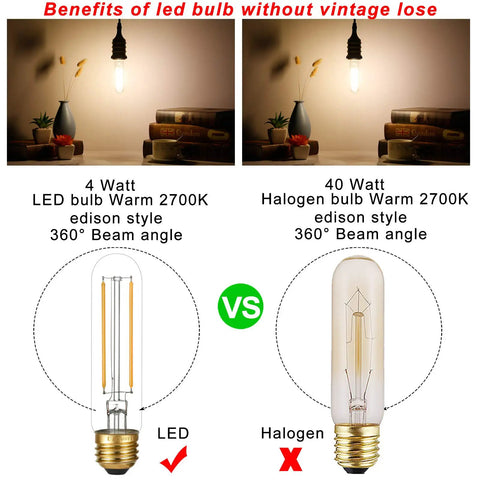 Dimmable 4W LED Bulb E26 40W Equivalent Warm White 2700K 400 Lumens Tubular T9 T10 Edison Style vs Halogen