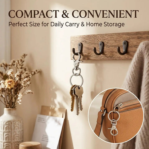 Heavy Duty Metal Swivel Snap Hooks Twelve Pack Slick 360 Spin Trigger Clips For Purses And Keychains hanging on a wall hook with keys.