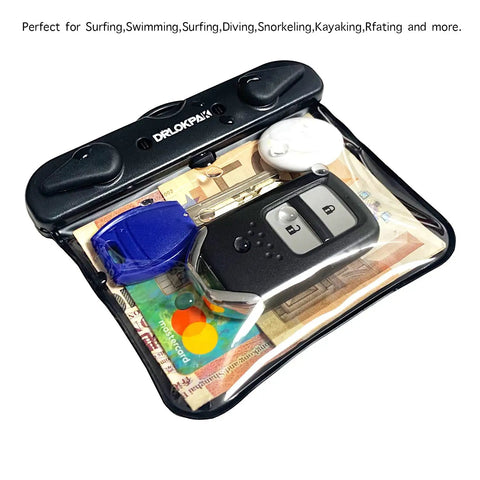 IPX8 Submersible Waterproof Wallet And Key Fob Case Pouch 2 Pack for keys, cards, and cash, shown with contents inside
