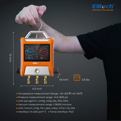EMG-20V 2-Valve HVAC Manifold With 5 Inch Touchscreen, Bluetooth App Enabled Pro Grade Digital Gauge Kit For Real Time Pressure Temperature And Vacuum Readouts, Graphical Data, Export, And On The Fly Analysis on hand-held unit