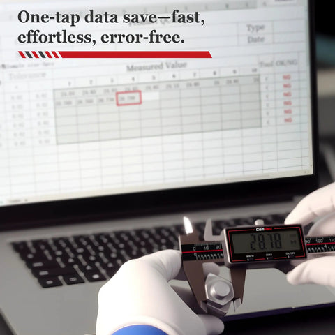 Wireless Digital Caliper 8 Inch Stainless Steel Pro Grade Measuring Tool With Data Output And Excel Sync held near laptop