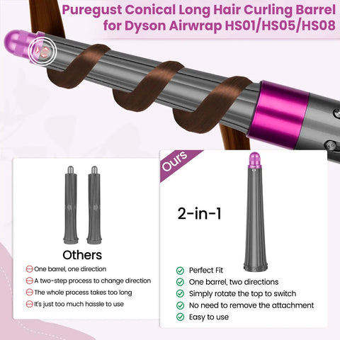 Conical Long Hair Barrel Attachment for Dyson Airwrap HS01 HS05 HS08, Automatic Curling Tool, comparison of barrel features