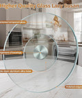 Heavy Duty Slick Spin Tempered Glass Lazy Susan Turntable with thickened glass and aluminum alloy base on a kitchen table.