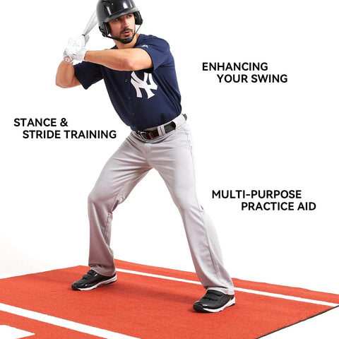 Backyard Baseball Hitting Mat For Practice, 3.8ft By 10ft artificial turf mat being used for stance training and swing enhancement.