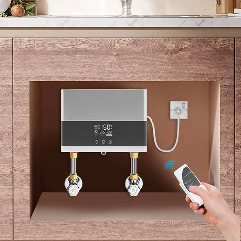 Dang Nice Under Sink Instant Hot Water Heater With Crisp Digital Display 110 Volt 4000 Watt Heavy Duty Electric Mini Tank mounted beneath kitchen sink.