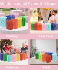 Multifunctional paper gift bags in various colors for weddings, party favors, Christmas, and events with 4 Pack Gift Bags With Handles 8 X 5 X 10 Inch Includes 8 Tissue Paper Color Combo Pink Purple Deep Blue Sky Blue Perfect For Birthday Parties Baby Showers Weddings Mothers Day Fathers Day Favors.