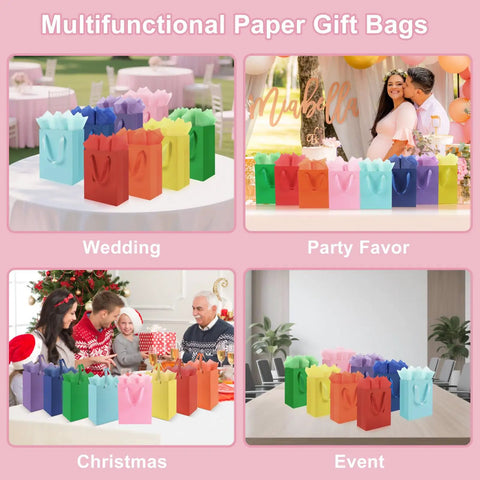 Multifunctional paper gift bags in various colors for weddings, party favors, Christmas, and events with 4 Pack Gift Bags With Handles 8 X 5 X 10 Inch Includes 8 Tissue Paper Color Combo Pink Purple Deep Blue Sky Blue Perfect For Birthday Parties Baby Showers Weddings Mothers Day Fathers Day Favors.