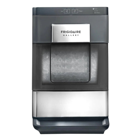 Snag This No Hassle Countertop Ice Maker That Cranks Out 33 Pounds Of Chewable Nugget Ice Daily Featuring A Sleek Black Exterior And Premium Steel Accents For Your Ultimate Home Bar Setup - front view with ice visible.