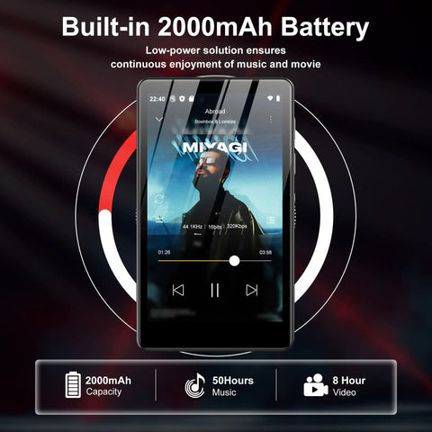 80GB Android MP3 Player With Bluetooth And WiFi 4.0 Inch Touch Screen showing built-in 2000mAh battery and music playback
