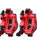 HB 100 Hydraulic Disc Brake Calipers Front And Rear Set in red finish, designed for mountain, road, and E-bike, cable actuated system.
