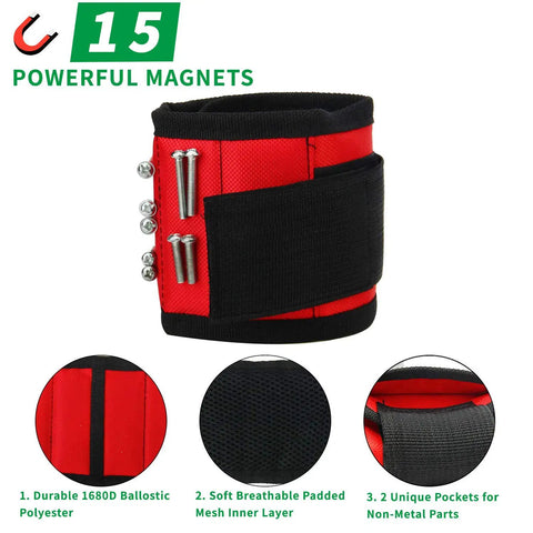 Red wristband with 15 powerful magnets, part of the 4 Piece Magnetic Tool Tray Set With Red Wristband And 15 Mighty Magnets.