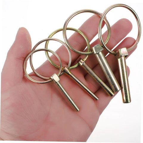 10 Piece Spring Loaded Lynch Pin Set for Zero Turn Mowers and Tractors, Must Have Trailer Hitch Lock Pins, Heavy Duty Zinc Plated Steel Quick Pins Kit for Cars, Trucks, Garden Tractors and More, five pins in hand