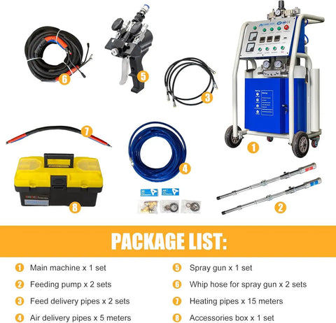 Plug And Play 14KW Pneumatic Polyurea And Polyurethane Foam Spray Unit 220V package list with main machine and accessories.