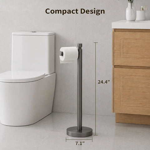 Built Tight Free Standing Toilet Paper Stand With Heavy Weighted Base And Brushed Graphite Finish in compact bathroom design.