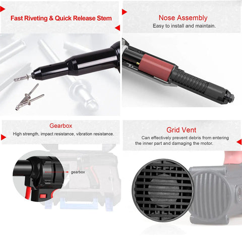 Heavy Duty 600W Electric Rivet Gun For 6.4Mm Blind Pop Rivets showing quick release stem, gearbox, and grid vent details.