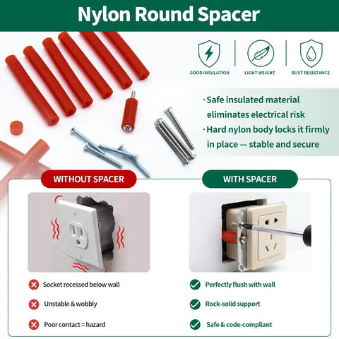 Hella Sturdy 304 Stainless Steel Outlet Box Extender Kit Featuring Heavy Duty Wall Plate Spacers And Sleek Switch Receptacle Shims For A No Hassle Quick Install with red nylon round spacers and screws.