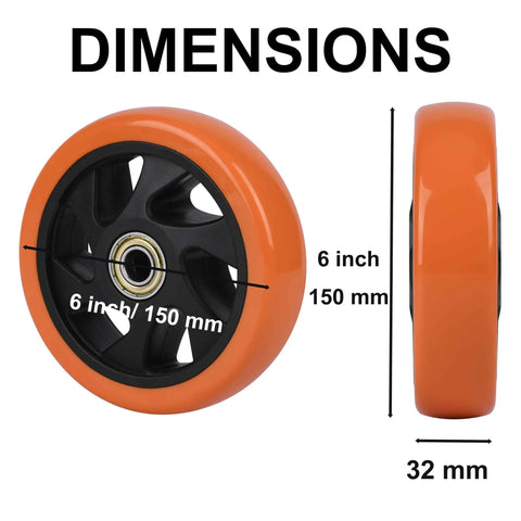 Six Inch Caster Replacement Wheels Four Pack Orange Heavy Duty Polyurethane With Hardened Steel Core Non Marking Tread side and top views with dimensions
