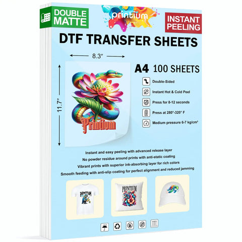 Transfer Film Sheets A4 8.3 By 11.7 Inches Double Matte With Hot Peel And Cold Peel For DTF Printers Delivers Vibrant Colors And Durable Prints Great For Small Batch Runs Premium 100 Sheets showing packaging and sample prints. Size and coating details visible on package.