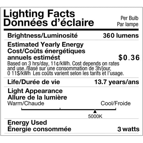 Lighting facts for Pack Of 4 LED Appliance Light Bulbs For Microwave Refrigerator Range Hood Over Stove 5000K Daylight E17 Base 3W 360Lm Dimmable 40W Incandescent Equivalent.