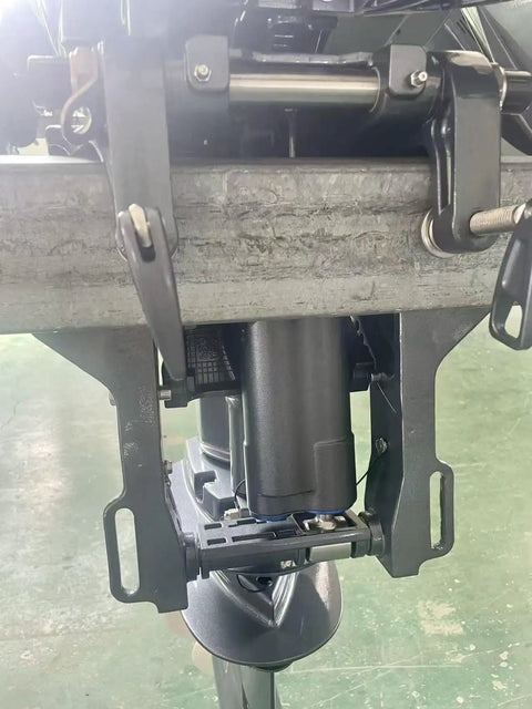 Close-up of hydraulic lift mechanism on 40 HP 2 Stroke Outboard Motor With Electric Start And Hydraulic Lift Reliable Marine Engine For Small To Medium Boats Dinghies And Inflatable Watercraft