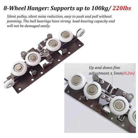 Close-up of an 8-wheel hanger for Hidden Soft Close Sliding Door Hardware Kit, supports up to 100kg, durable rollers.