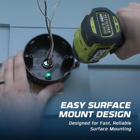 Four Pack Round Outdoor Junction Boxes With Five Half Inch Holes Die Cast Wet Rated Exterior Electrical Box For Weatherproof Power Connections Plugs And Ground Screw Compatibility installed on exterior wall