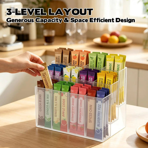 Hand accessing a Three Tier Drink Packet Organizer Rack With Twelve Compartments Sugar Packets Powdered Drink Mix Holder