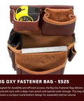 Big Oxy Fastener Bag With 10 Pockets And Tool Holders, deep round-bottom organizer, shown with tape and tools, heavy-duty USA-made.