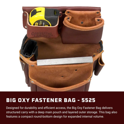Big Oxy Fastener Bag With 10 Pockets And Tool Holders, deep round-bottom organizer, shown with tape and tools, heavy-duty USA-made.