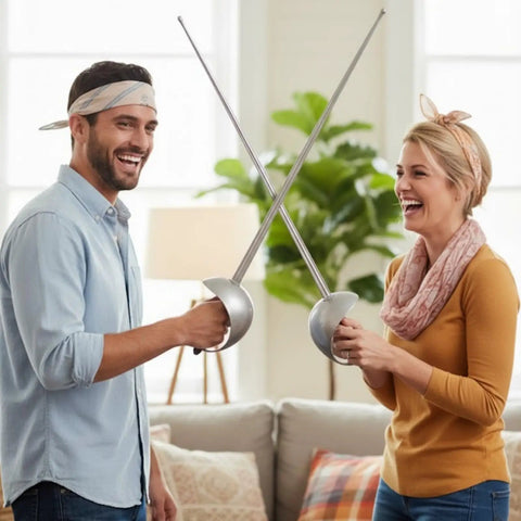Two people enjoying Deluxe Plastic Fencing Foil Sword For Cosplay Folks Renaissance Musketeer And Halloween Costumes