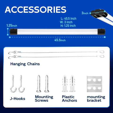 Six Pack 4Ft Linkable LED Shop Light Kit With 4400 Lumens At 5000K Daylight 42W accessories including chains and mounting parts