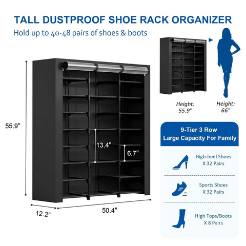 9-Tier Tall Shoe Rack With Dustproof Covers Holds 40 To 46 Pairs Closed Shelves Shoe Cabinet Organizer For Garage Or Bedroom