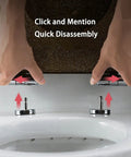 Hands demonstrating quick disassembly of the Pretty Dang Stylish Sparkle Finish Soft Close Toilet Seat For Elongated Bowls.