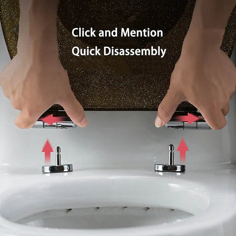 Hands demonstrating quick disassembly of the Pretty Dang Stylish Sparkle Finish Soft Close Toilet Seat For Elongated Bowls.