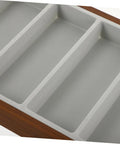 Premium Wooden Shade Keeper Tray Including Seven Gray Fabric Slots Top Tier Jewelry Glasses Watch Organizer showing three gray fabric slots.