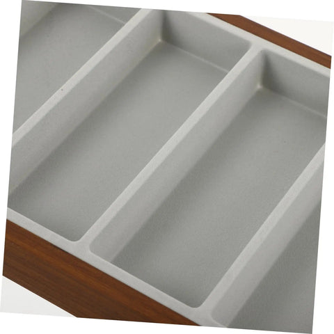 Premium Wooden Shade Keeper Tray Including Seven Gray Fabric Slots Top Tier Jewelry Glasses Watch Organizer showing three gray fabric slots.