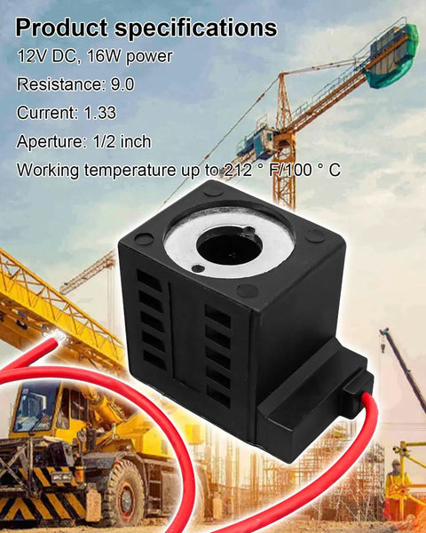 Solenoid Coil Replacement 12V DC 16W With Single Lead For Valve Stem Series 08 80 88 98 Hydraulic Power Unit Lift Dump Equipment, Half Inch Aperture, 9 Ohm Resistance, 1.33 Amp Current, Built To Last Heavy Duty Industrial Grade