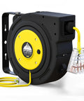 Retractable Extension Cord Reel With 50 Ft Reach, 14 AWG, 3 Outlets, Ceiling Or Wall Mount, Yellow And Grey, 180 Degree Swivel