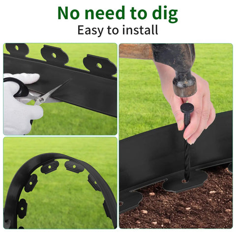 Close-up of No Dig Garden Edging Border Kit 33 ft with spiral spikes being cut and installed into the ground, black plastic